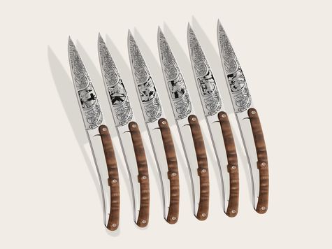 6 Deejo Tafelmesser Prestige, Walnussholz / Jagd