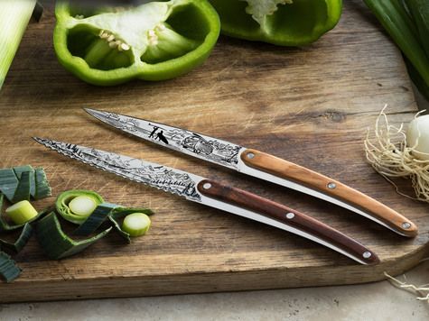 2 Deejo Brotzeitmesser, Oliven- und Korallenholz / Van Life und Berg