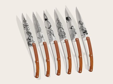 6 Deejo Tafelmesser Prestige, Korallenholz / Wild